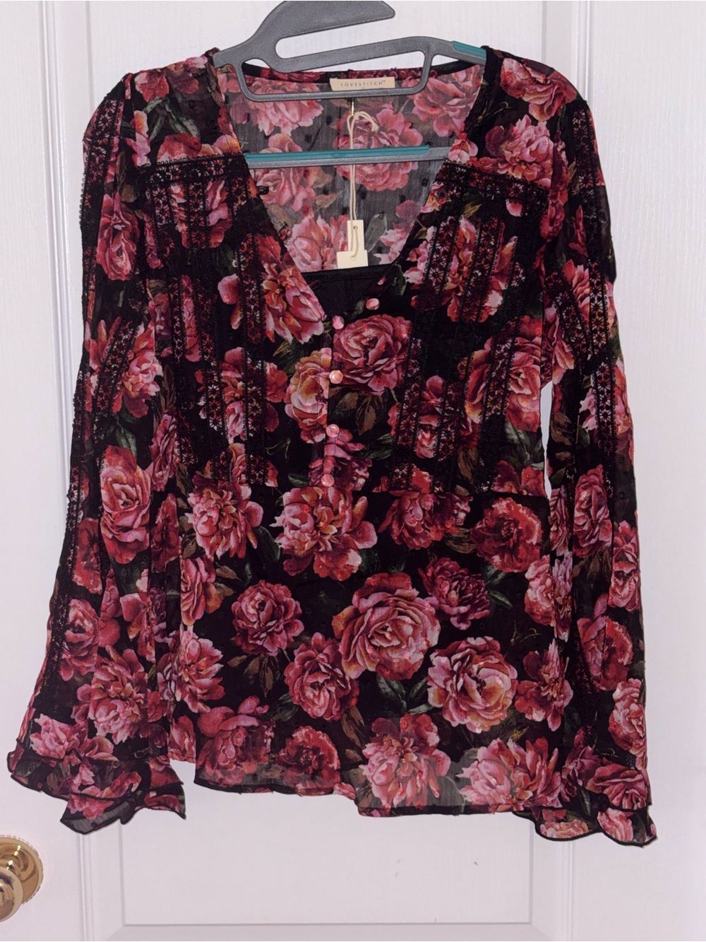 Love Stitch Black Blouse with Pink Rose Print